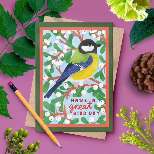Have a Great Bird Day – Great Tit Birthday Card | UK Wildlife Illustration
